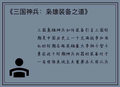 《三国神兵：枭雄装备之道》