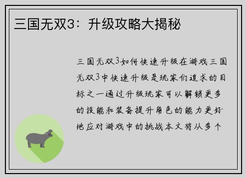 三国无双3：升级攻略大揭秘